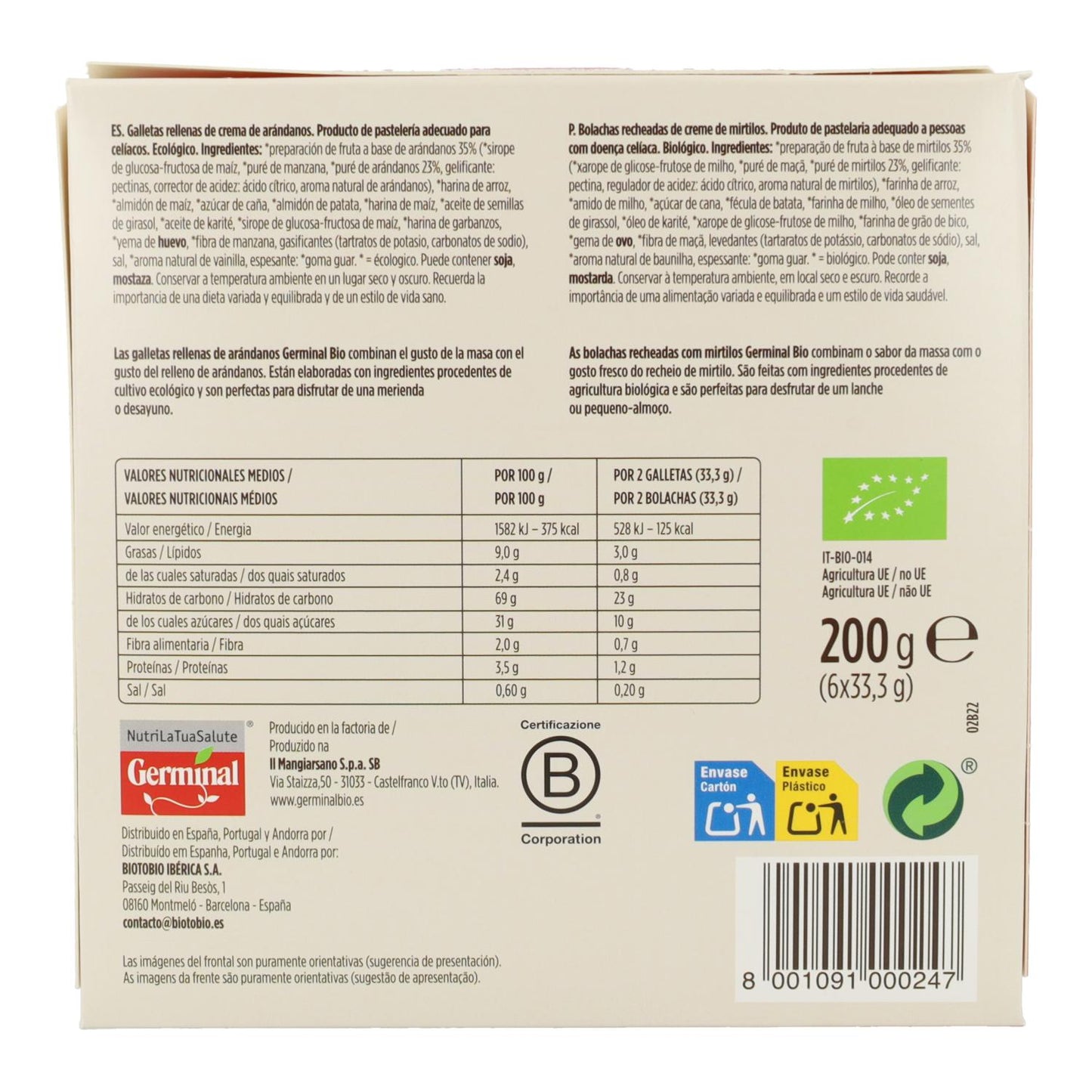 Glutenfreie Kekse mit Blaubeercremefüllung Germinal, 200 g