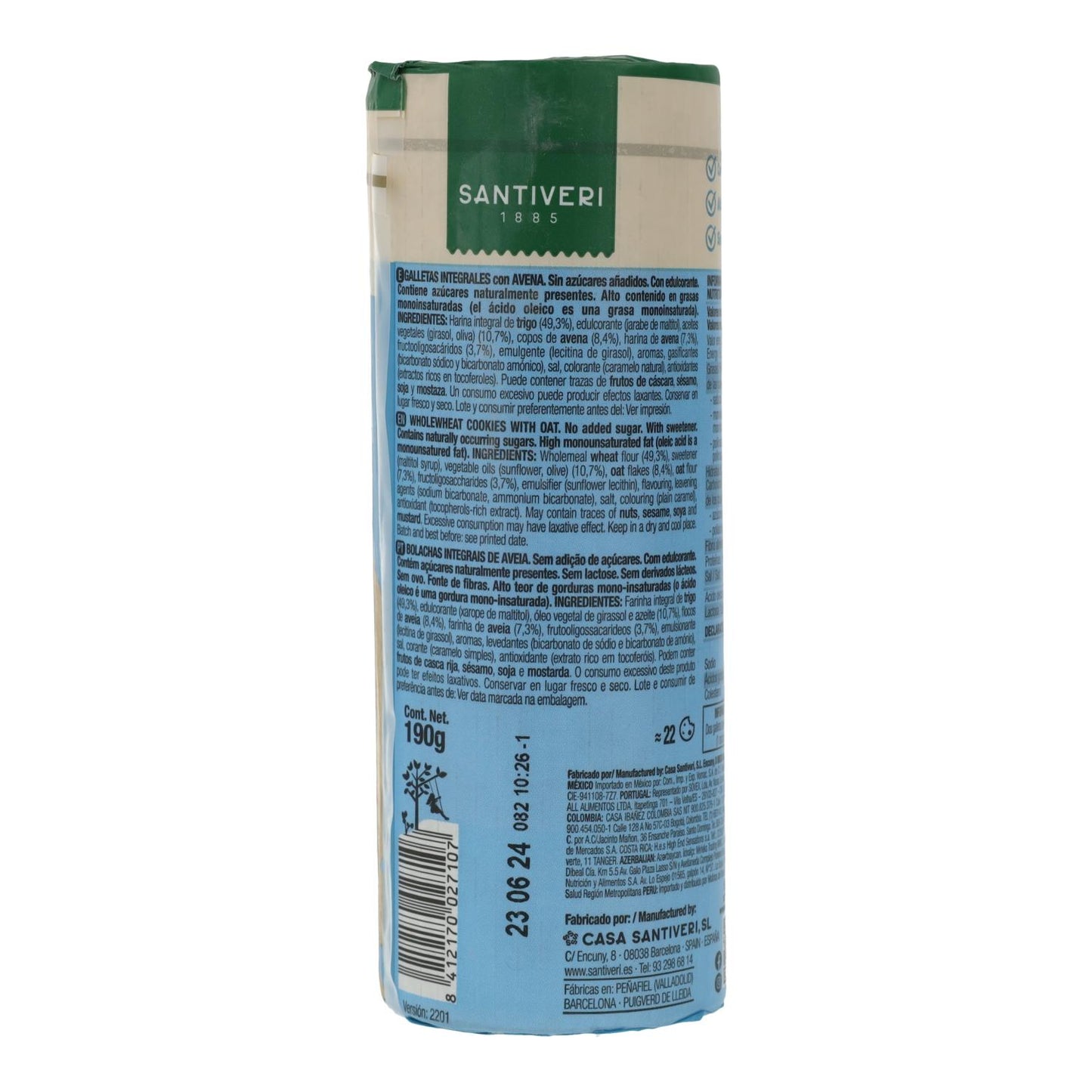 Pełnoziarniste ciastka owsiane 0% cukru Santiveri 190 g