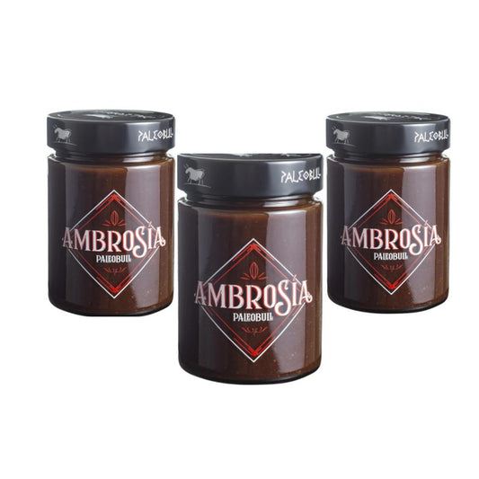 3er-Packung Gesunde Kakao-Haselnuss-Creme Ambrosia Paleobull 300g